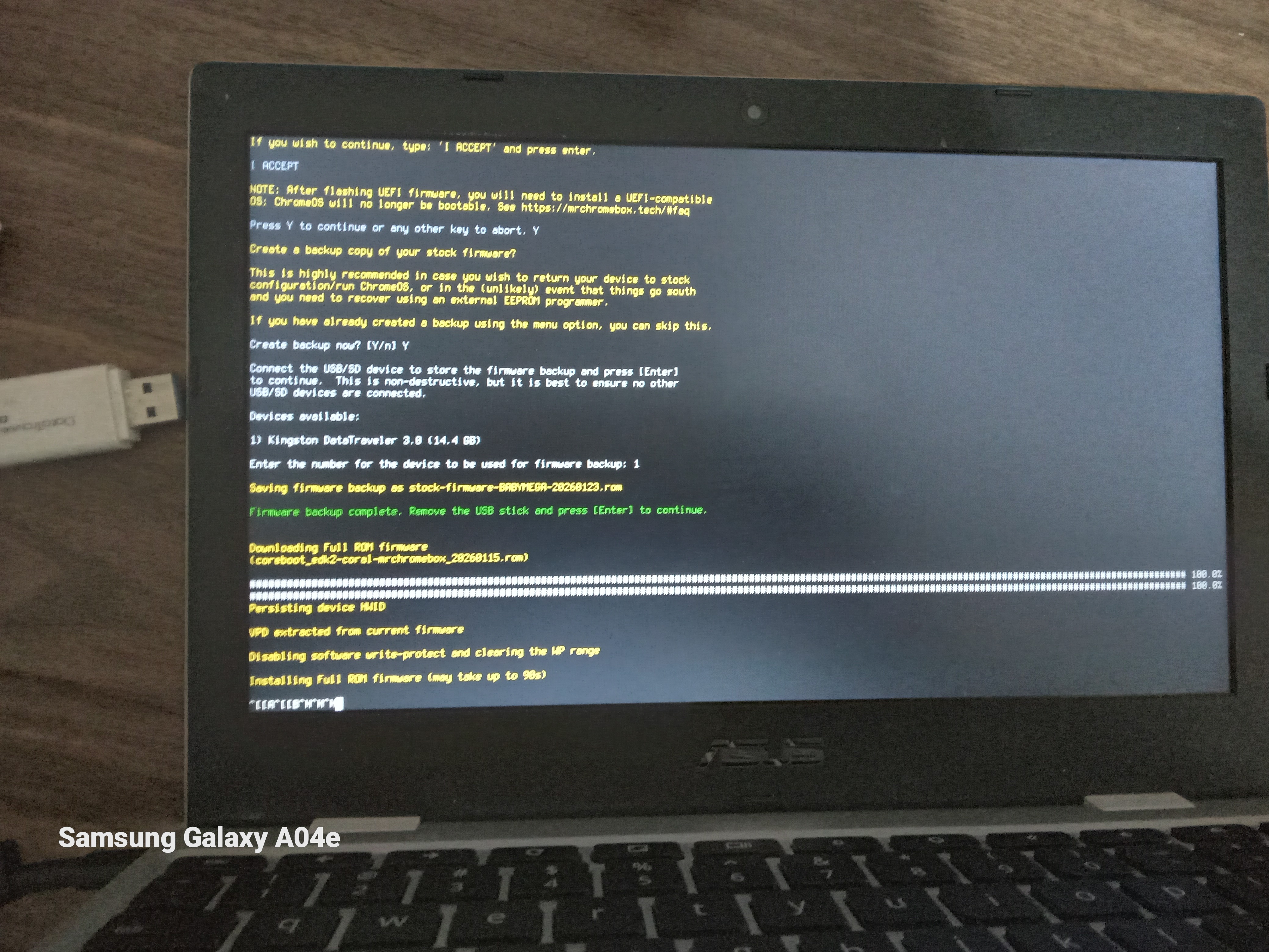 The ASUS Chromebook running the Mr. Chromebox firmware utility script in the terminal